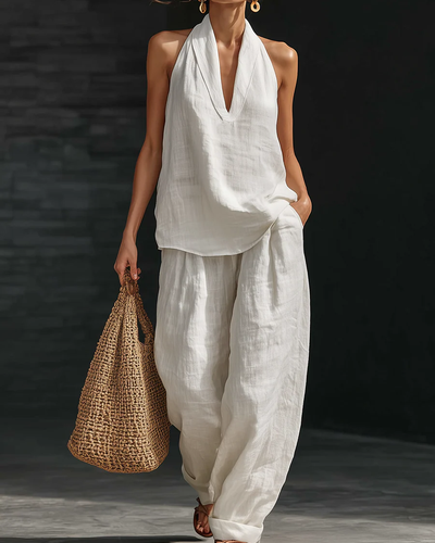 Conjunto de lino con escote en V y pantalón fluido