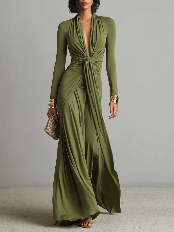 Valentina · Vestido maxi con escote en V y detalles volantes