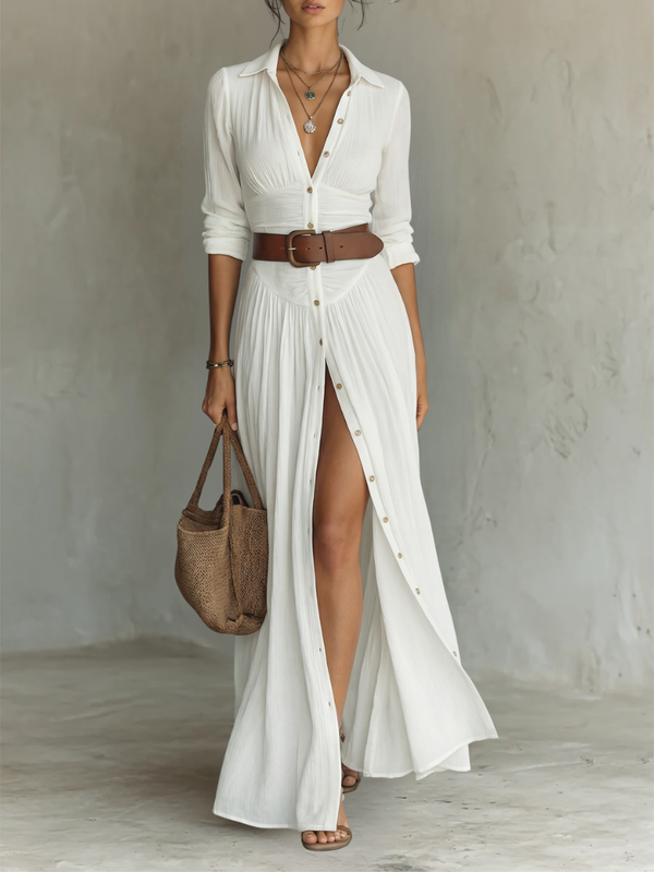 Vestido Maxi Largo con Cuello Notched y Mangas Largas para Mujeres