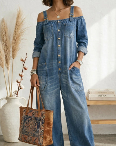 Ruth | Mono Azul Off Shoulder Pernera Ancha