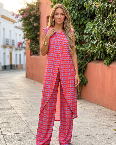 Vera | Conjunto fluido de túnica y pantalón palazzo con estampado retro